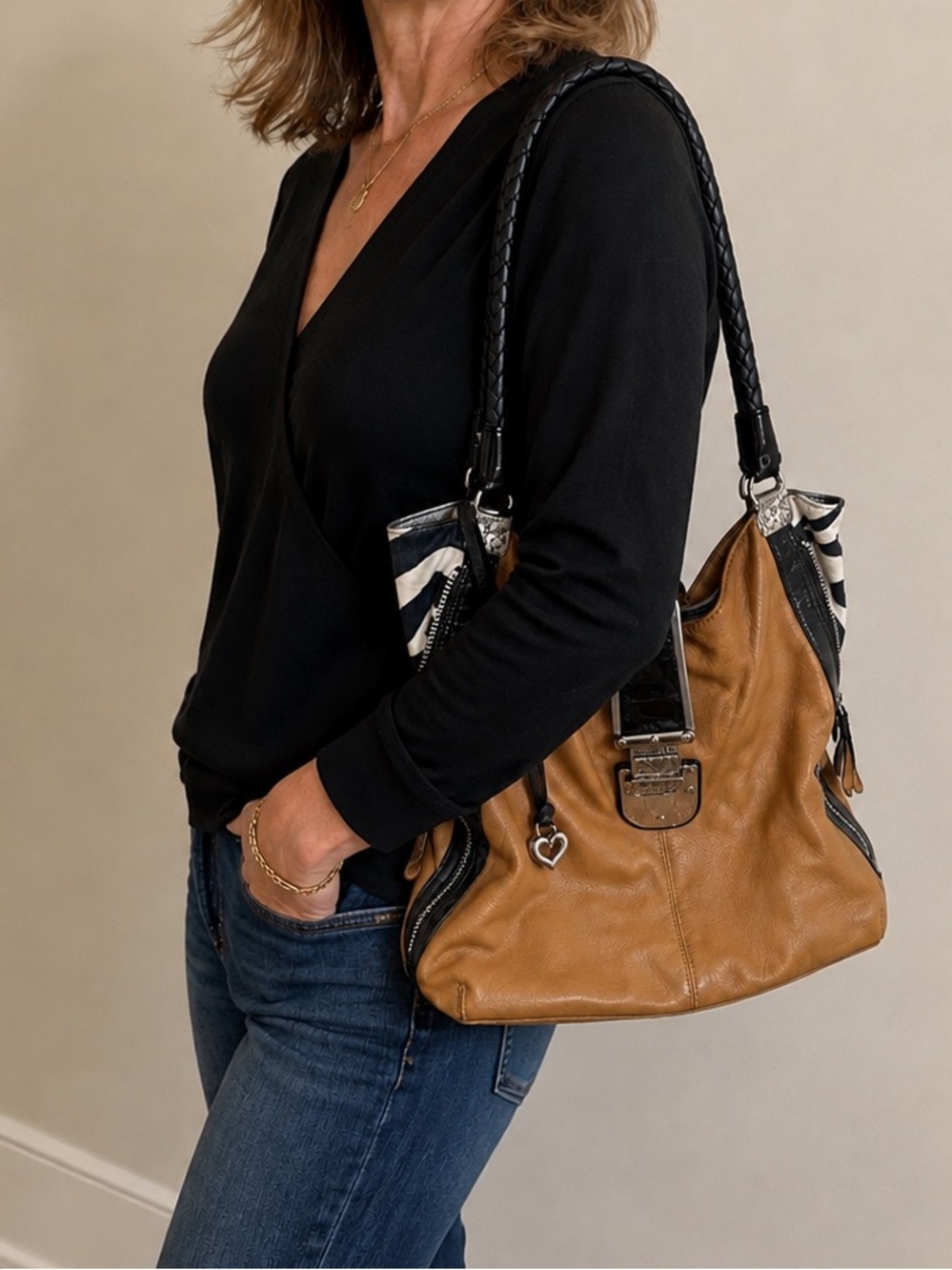 Brighton Fashionista City Block Dovima Zebra Leather Bag